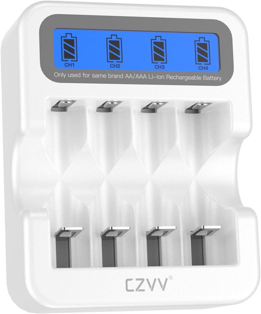 czvv Wiederaufladbares AA AAA 4-Slot-Lithium-Batterieladegerät mit LCD-Anzeige…