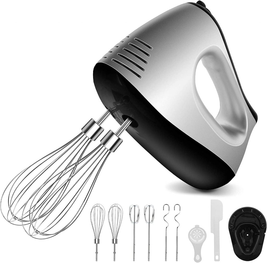 Handmixer Elektrisch 500W Handrührer 5 Drehzahl Turbinenfunktion Handrührgerät mit 2 Mixer,2 Haken 2 Schneebesen Eiertrenner Backspatel und Ständer für einfaches Schlagen von Teig