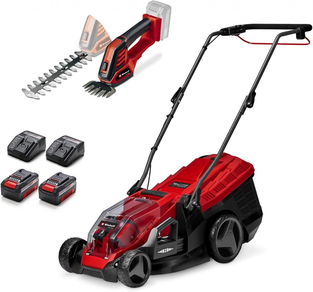 Einhell Akku-Gartengeräte Kit PXC (Akku-Rasenmäher GE-CM 36/36 Li Kit, 36 V, 36 cm Schnittbreite, inkl. 4,0 Ah + 2x Ladegerät, Akku-Gras- und Strauchschere GE-CG 18/100 Li-Solo)