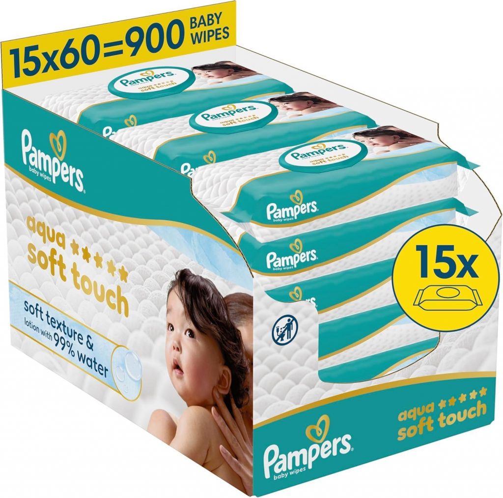 Pampers Aqua Soft Touch Baby-Feuchttücher, 15 Packungen mit 60 Feuchttüchern =…