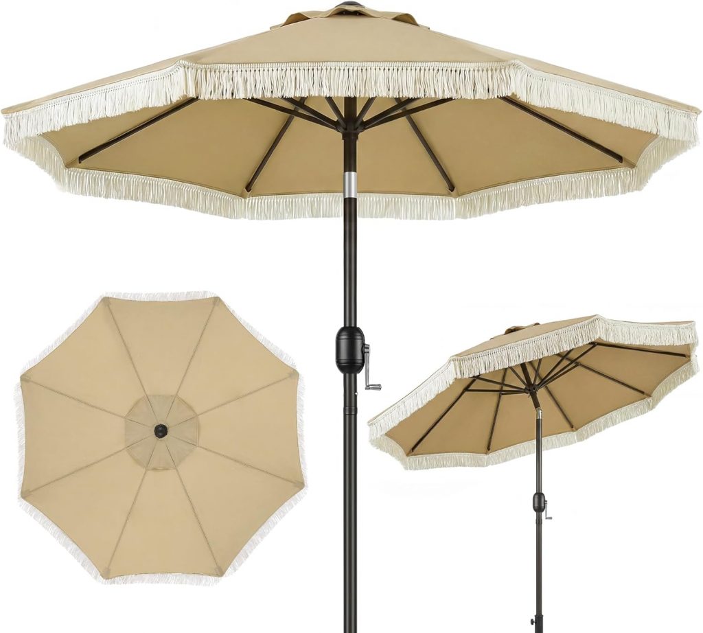 OLILAWN Sonnenschirm mit Fransen Ø200 cm, UV-Schutz Gartenschirm, Balkonschirm rund mit Kurbel & Knickfunktion…