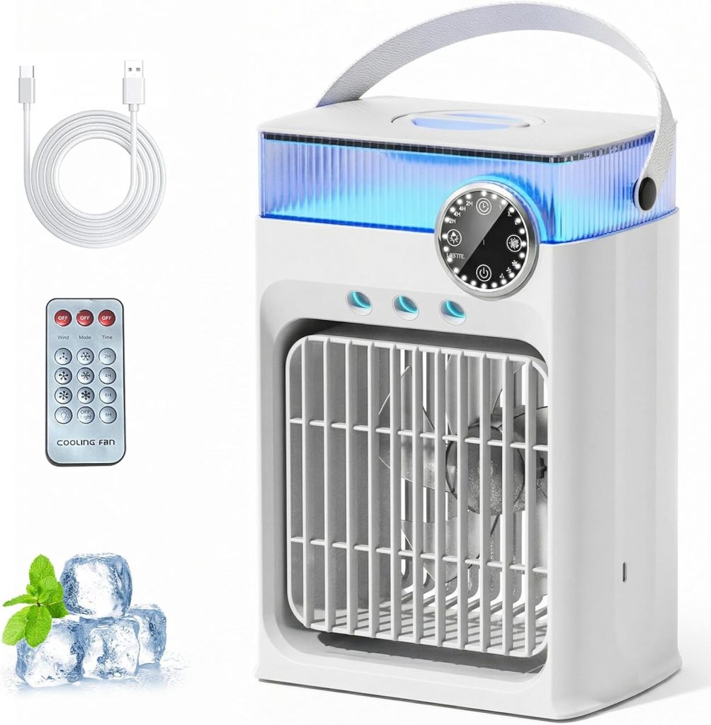 YFFU Mobile Klimaanlage mit Fernbedienung, 1200 ml USB Luftkühler, RGB 8 Lichtfarben mit Timer, 3 Gebläsestufen 3 Sprühmodi, Mini Klimaanlage Luftkühler für Zuhause,Wolkenweiß