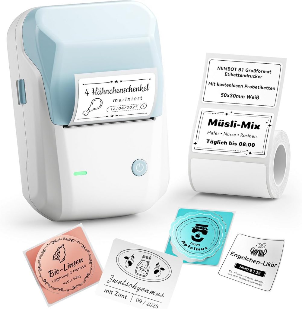 NIIMBOT B1 Etikettendrucker mit Wasserfeste Etiketten Selbstklebend, Tragbarer Beschriftungsgerät Bluetooth Label…