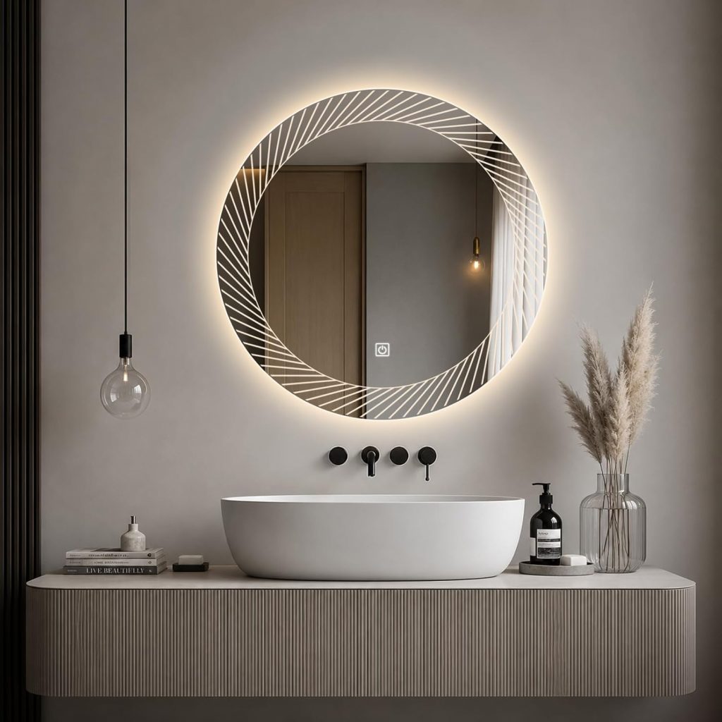 Adoture Rund Badezimmer Wandspiegel, Badspiegel Mit Beleuchtung, 50cm Spiegel mit LED Linienmuster Licht, Touch…