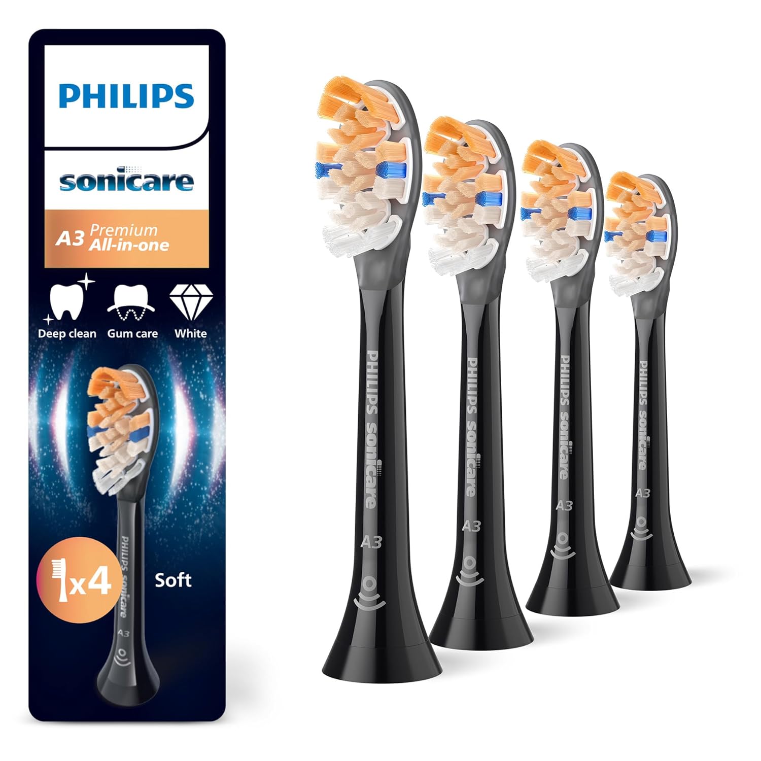 Philips Sonicare A3 Premium All-in-One, Original Ersatzbürstenköpfe, Schwarz, 4er-Pack, HX9094/