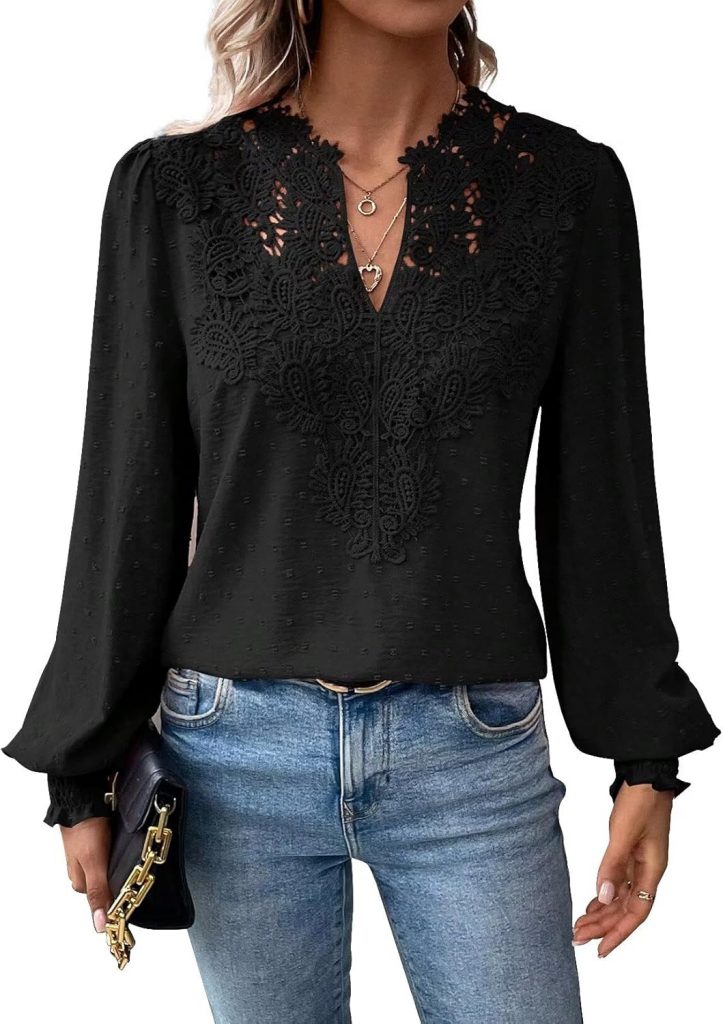 TUUHAW Tunika Damen Boho Bluse Langarmshirt Top Fließend Spitze Oberteile Rüschen Süß Elegant V-Ausschnitt T Shirt…