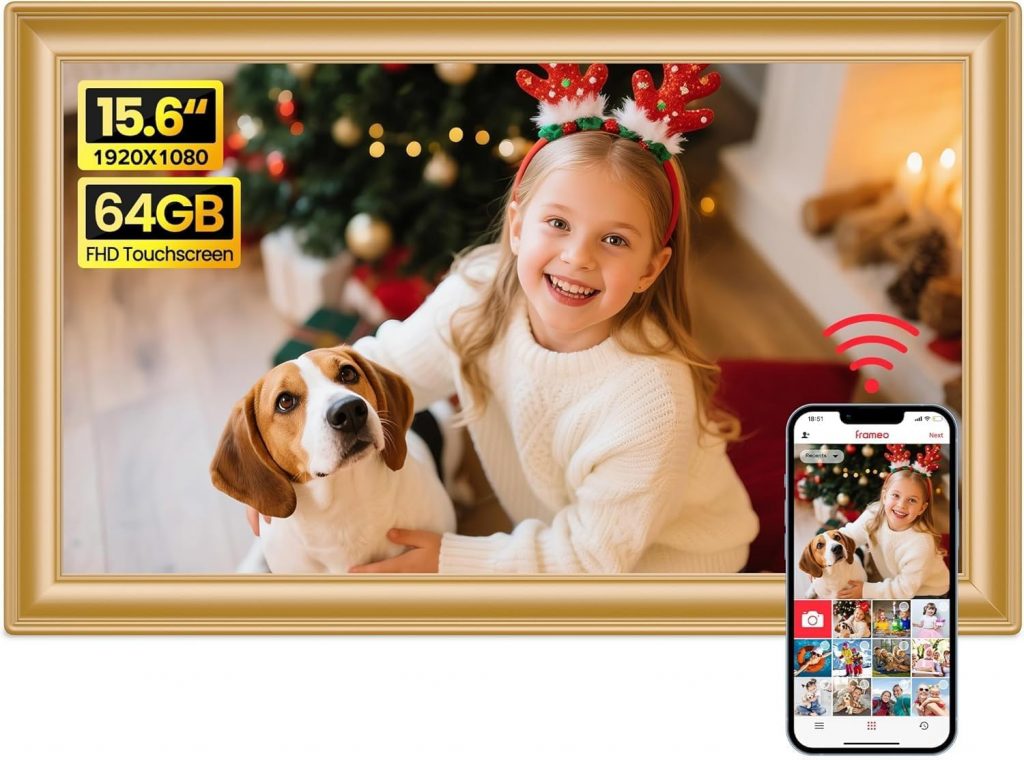 64GB FRAMEO 15,6 Zoll Digitaler Bilderrahmen – 1920 * 1080P FHD IPS Touchscreen…