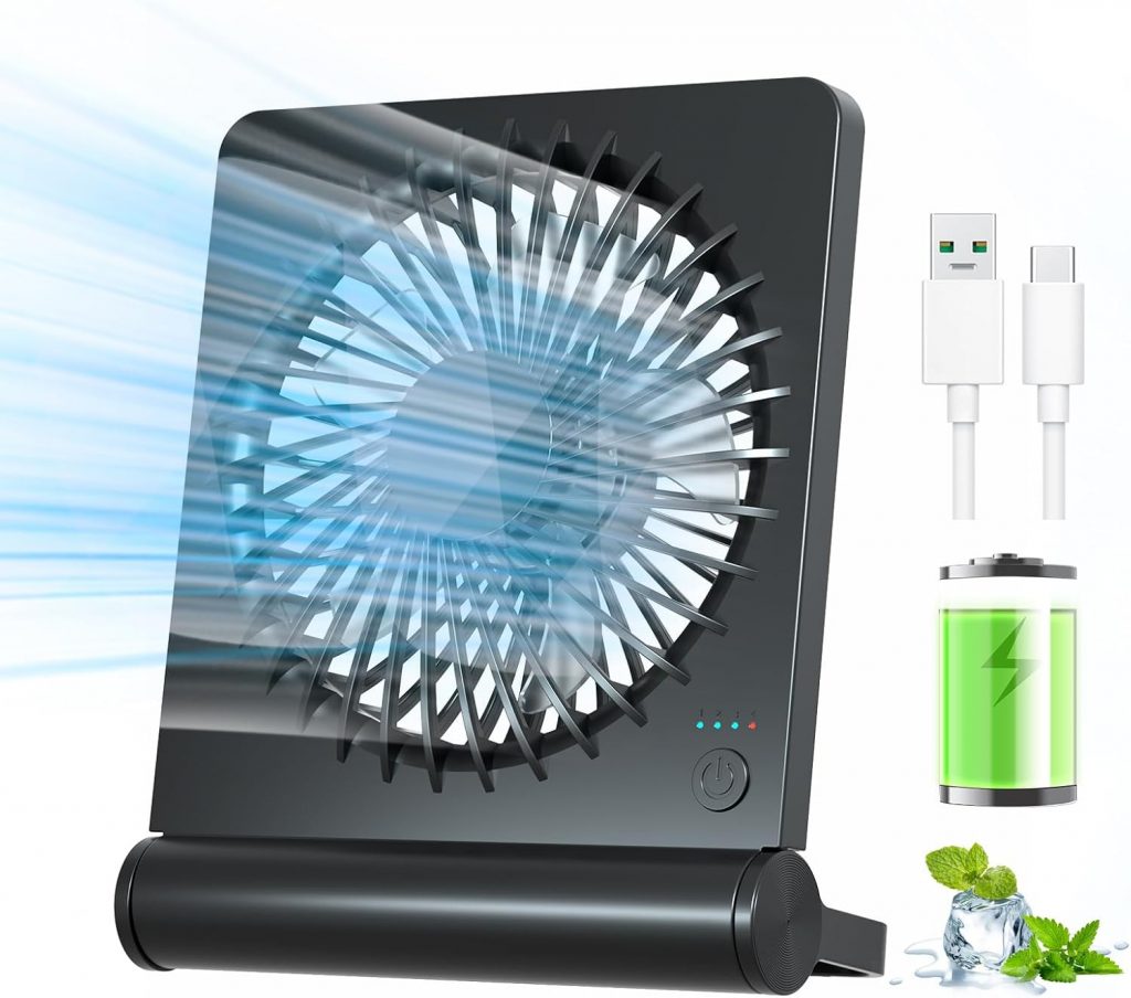 Kleiner Tischventilator, 2000mAh Tragbarer Wiederaufladbarer Ventilator, 3-Stufen-Variable, 220° Einstellbar, Leiser Lang Anhaltender USB Ventilatoren Geeignet für Büro, Zuhause, Reisen-Schwarz