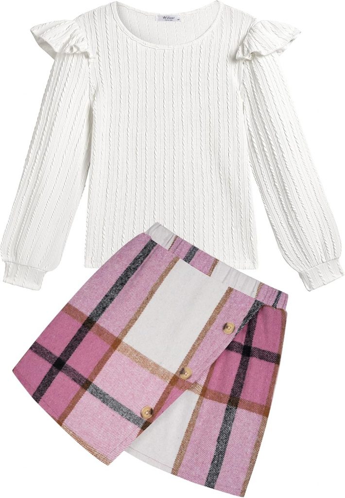 Arshiner Mädchen Bekleidungssets Kinder Langarmshirt mit Kariert Rock Set Herbst Winter Freizeit Mode Elegantes Zweiteilig Outfits für Mädchen 6-14 Jahre