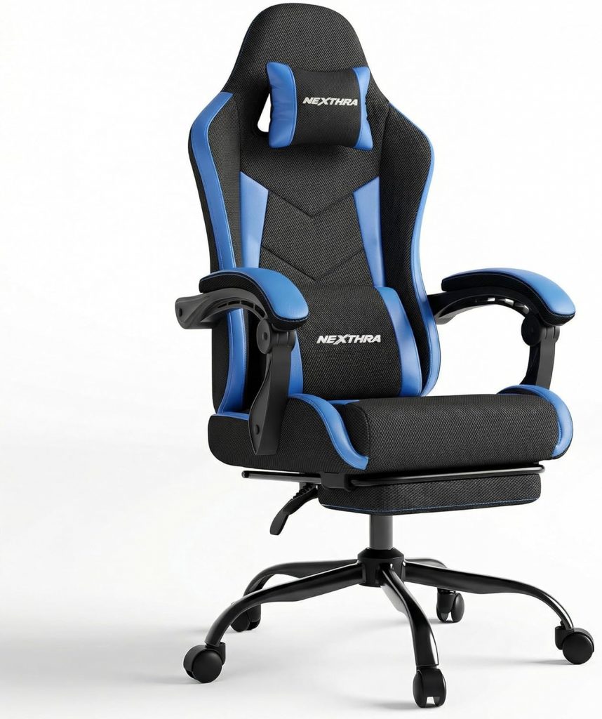 Nexthra Gaming Stuhl Ergonomisch mit Fußstütze, Gepolsterter Gamer Stuhl bis 180 kg, 150° Verstellbare Rückenlehne, Komfortabler Gamingstuhl Bürostuhl für Gaming und Büro, Blau