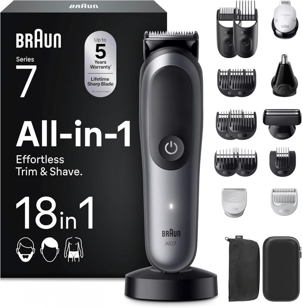 Braun All-in-One Series 7, 18-in-1 Multigroom, Barttrimmer, Nasenhaartrimmer, Haarschneidemaschine für Gesicht, Kopf und Körper, 120 Min Akku, 14 Längen (0.1–21 mm), Wasserdicht, AIO7585, Grau