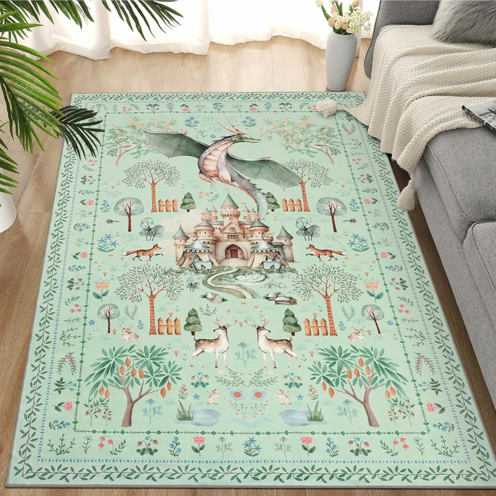 TUKDAK Drachen Teppich Wohnzimmer rutschfest 120x180cm,Grün Waschbar Teppich Schlafzimmer,Boho Tiere Kurzflor…