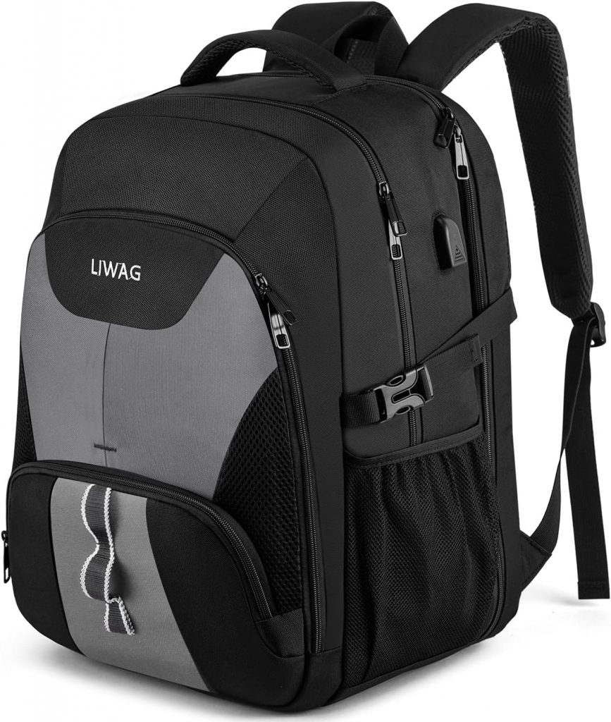 LIWAG Extra Groß Rucksack Herren 50L Wasserdicht 17 Zoll Laptoptasche Arbeit Laptop Rucksack mit USB Ladeanschluss Anti Diebstahl Business Reisen Schulrucksack für Männer Frauen Jungen Teenager Grau