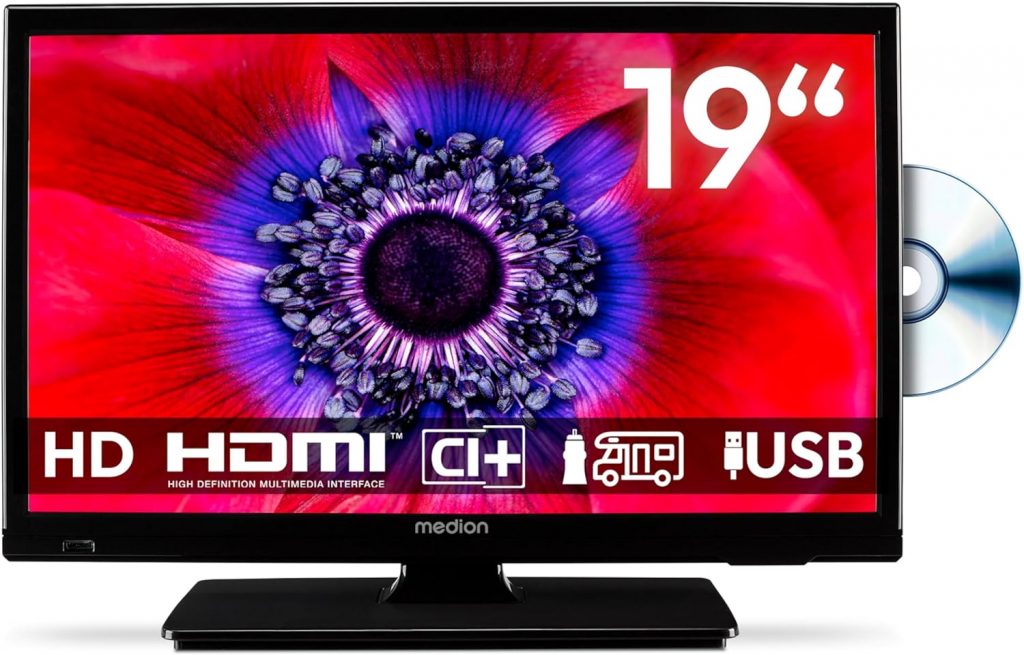 MEDION 47 cm (19 Zoll) HD Fernseher mit DVD-Player (perfekt für Camping Wohnmobil LKW Garten, 12V KFZ Car-Adapter, Triple Tuner Receiver, HDMI, USB, MD 819001)