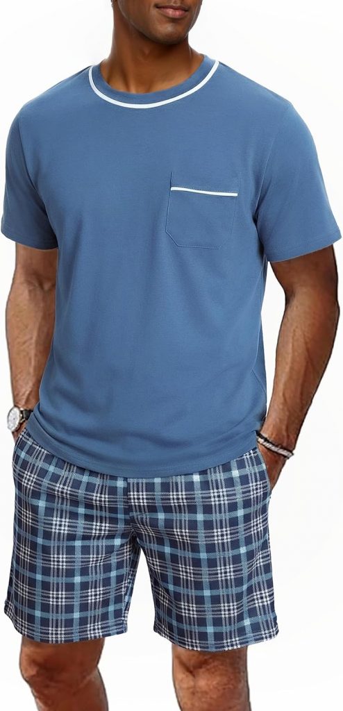 Litherday Schlafanzug Herren Kurz Baumwolle Shorty Pyjama Set Nachtwäsche Kurzarm T-Shirt und Kariert…